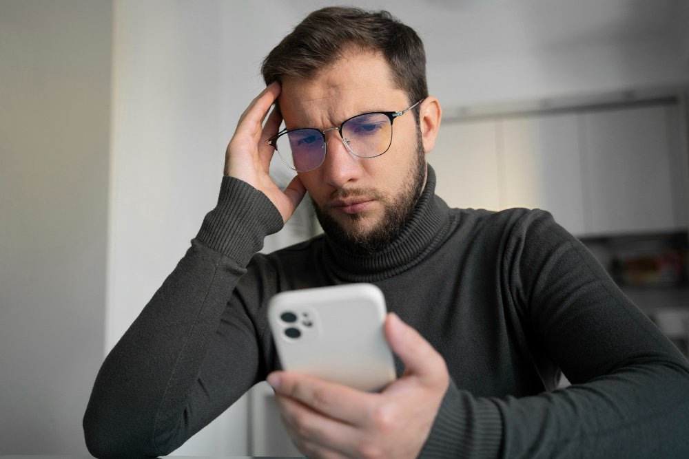 un homme se tient la tète devant son téléphone