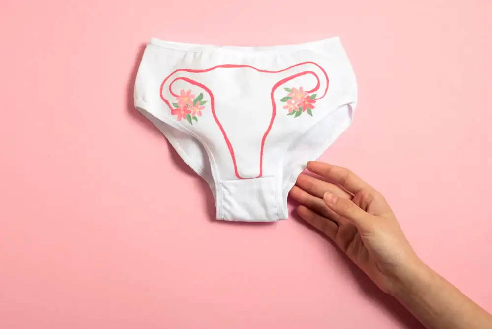 une main tenant une culotte menstruelle