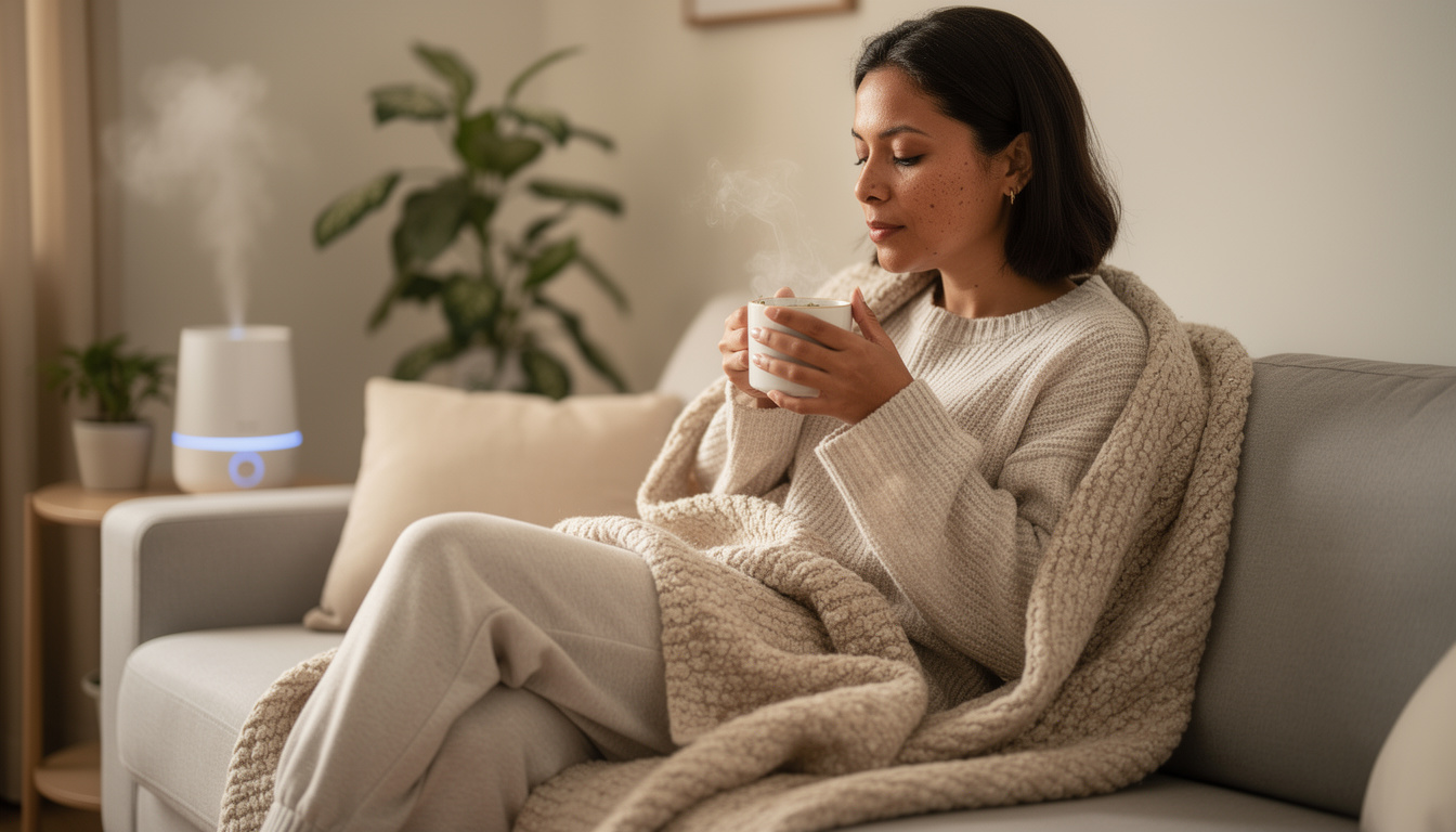 Une femme qui fait des inhalations de vapeur chaude contre les symptômes des cordes vocales fatiguées