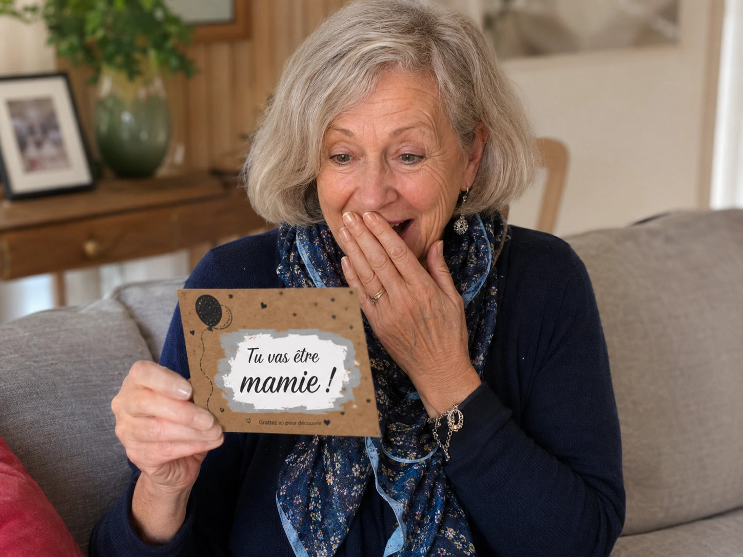 Une grand-mère découvre une annonce de grossesse avec une carte personnalisée