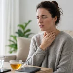 Une femme ayant les symptômes de cordes vocales fatiguées