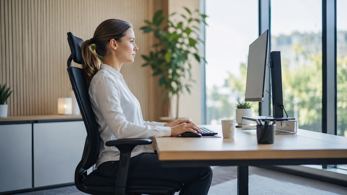 Femme adoptant une bonne posture devant son ordinateur grâce à un poste de travail ergonomique